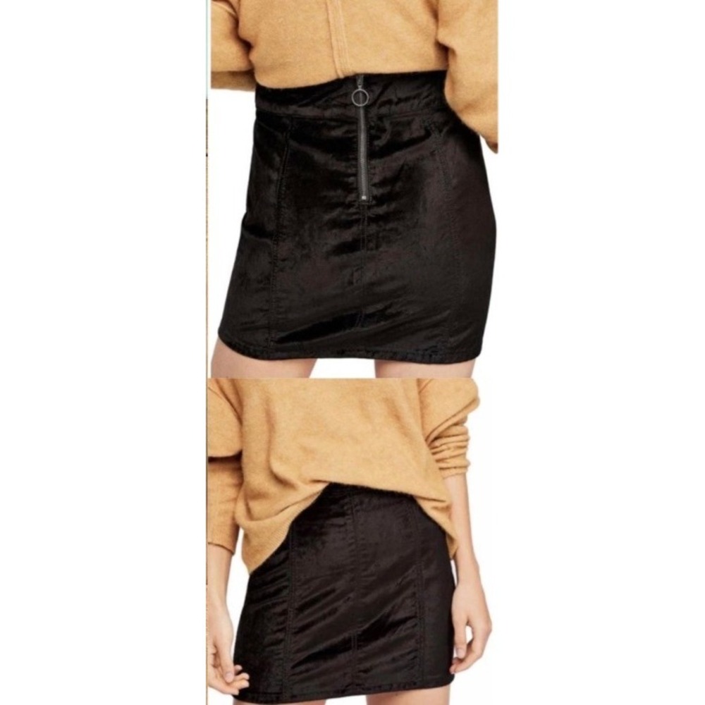 Whimsgoth Black Velvet Free People Mini Skirt Front Zip Ring High Waist‎ SZ 29